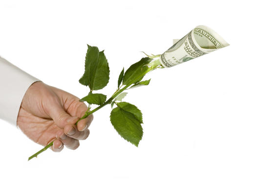 Hånd som holder en blomsterstilk med en pengeseddel på toppen.