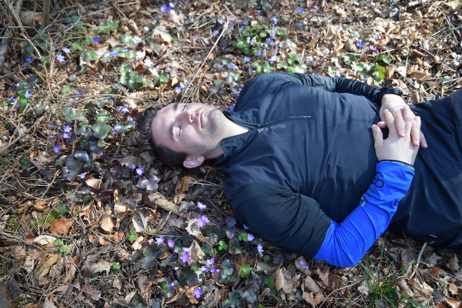 En mann ligger på en skogsbunn dekket av blåveis og har øynene lukket.
